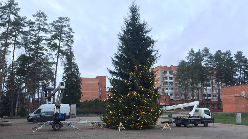Фото дня: в Висагинасе украшают главную городскую елку