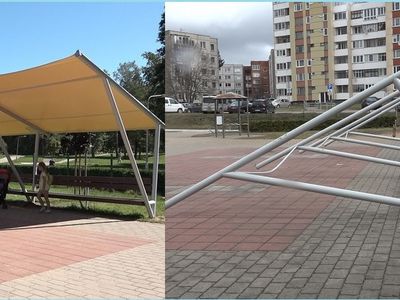 Почему упала конструкция навеса со скамейками и когда она будет восстановлена? (видео) - В Висагинасе