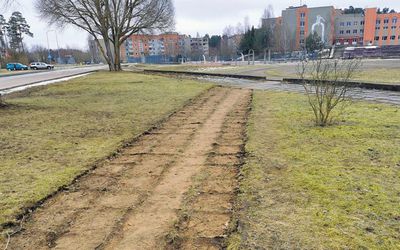 Плитки сняли, а школьники ходят тем же путем – но уже по песку и газону - В Висагинасе